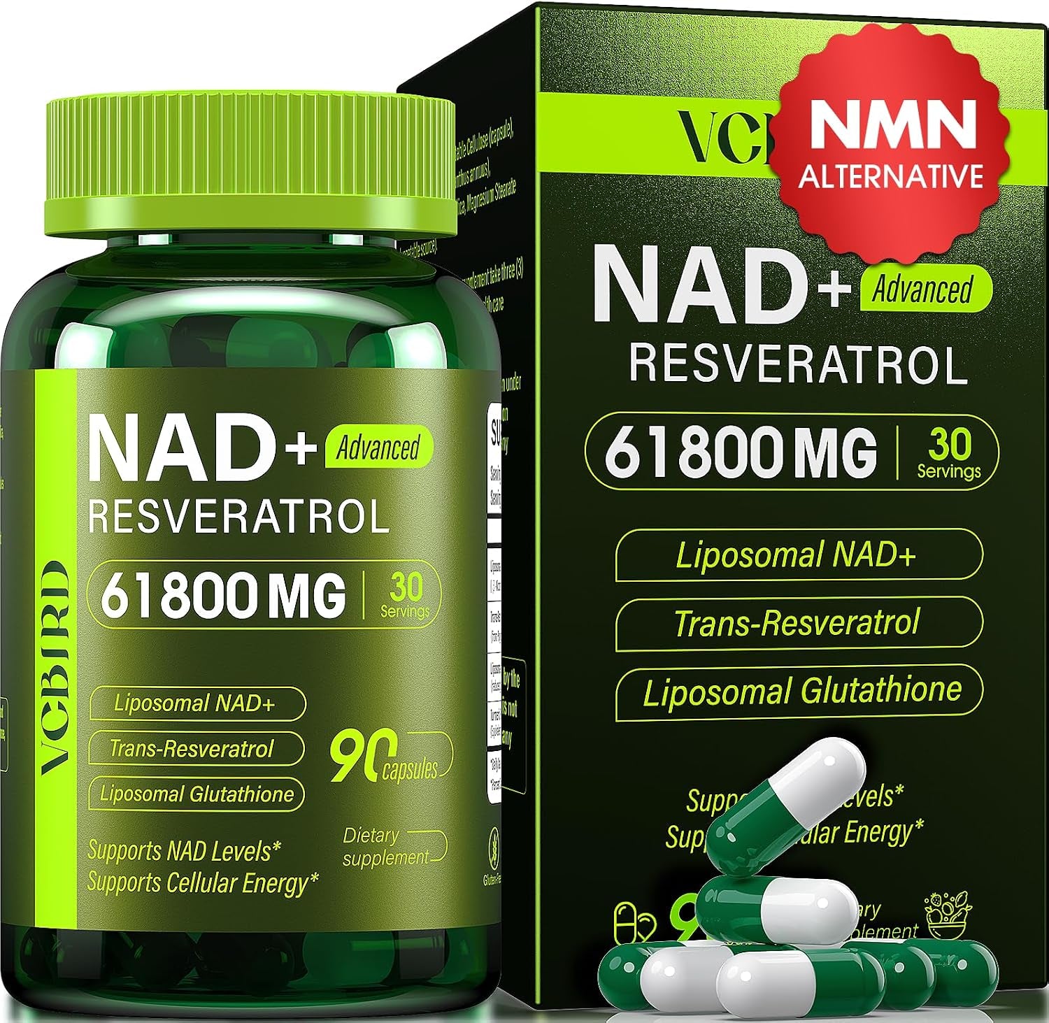 Liposomal NAD Supplement with Resveratrol 1200Mg per Serving – NAD Resveratrol for Women & Men – High Purity 1200Mg NAD+ Supplement for Energy & Healthy Aging, Glutathione, Turmeric – 90 Count